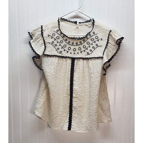 Vintage-Inspired Cream & Black Embroidered Ruffle Sleeve Blouse By Mine - Picture 3 of 16